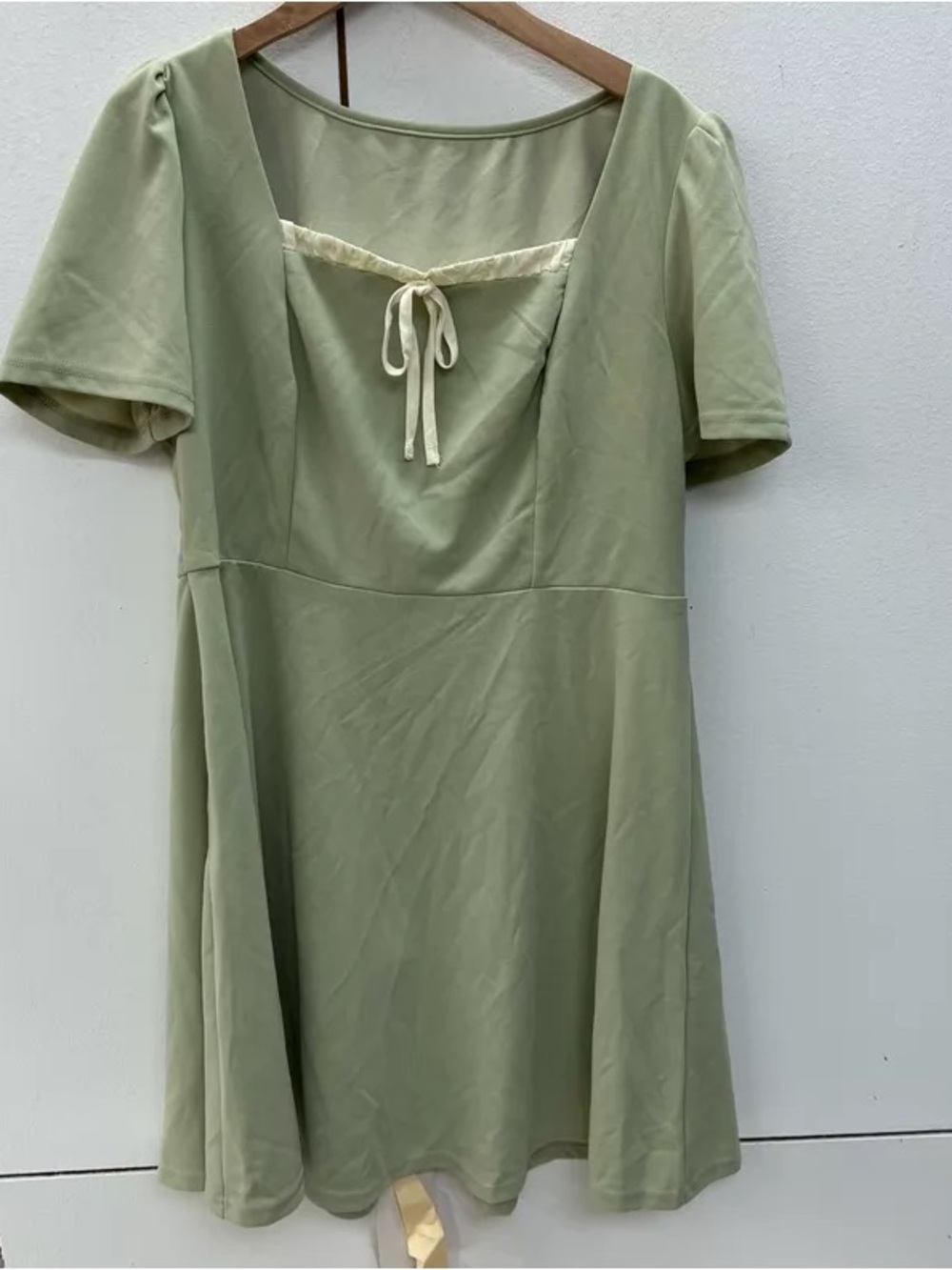 Sage Green Fit-and-Flare Dress with Ivory Tie Detail
